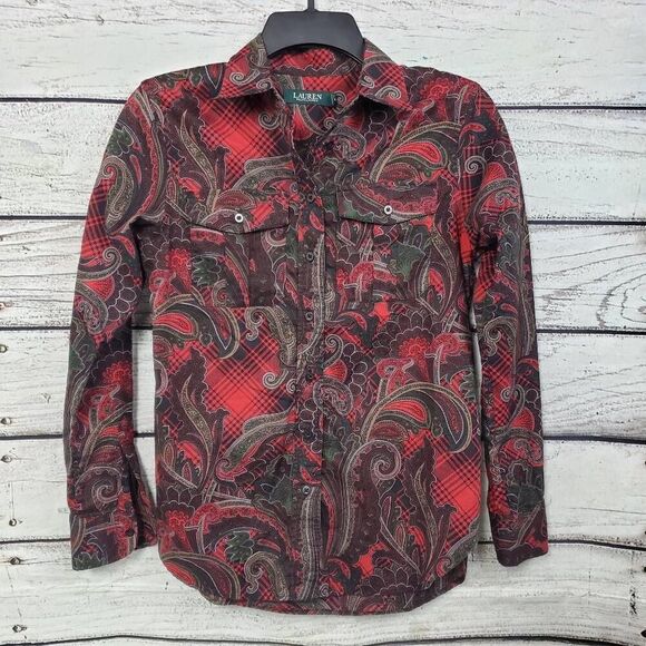 Lauren Ralph Lauren SMALL Petite Red Paisley Button Front Blouse - Picture 1 of 6